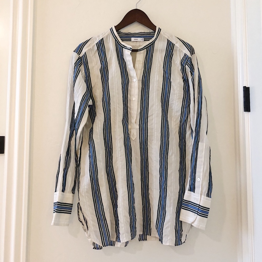 VINCE striped half-button up blouse